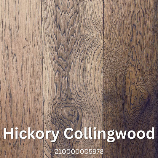 A close-up image of engineered hardwood flooring with a hickory finish, labeled 'Hickory Dakota'.