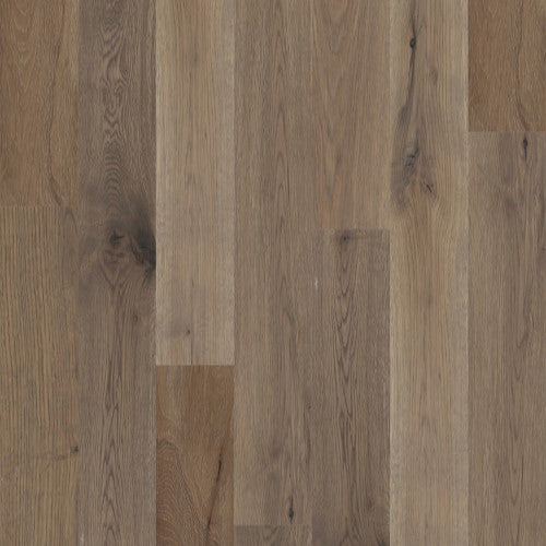 Close-up image of handscraped solid white oak flooring with a natural wood grain pattern.