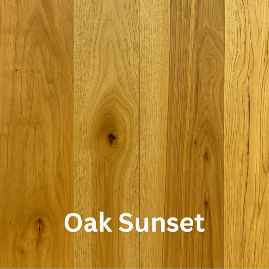 A close-up image of oak hardwood flooring with a caramel color tone label.