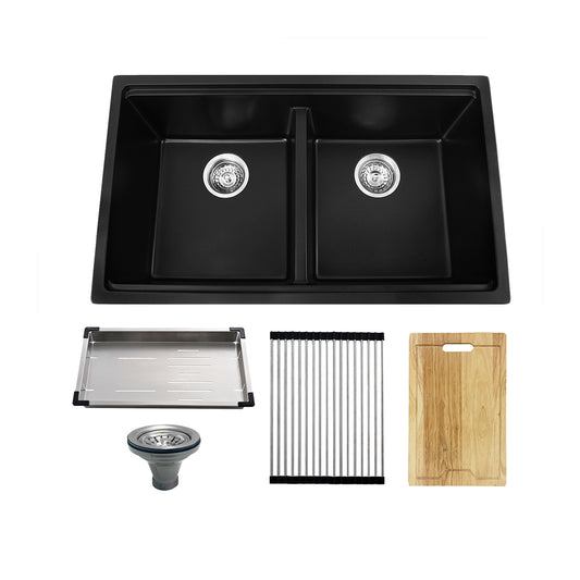 32" Workstation Under Mount 50/50 Double Bowl Kitchen Sink with Strainer - UNG1515