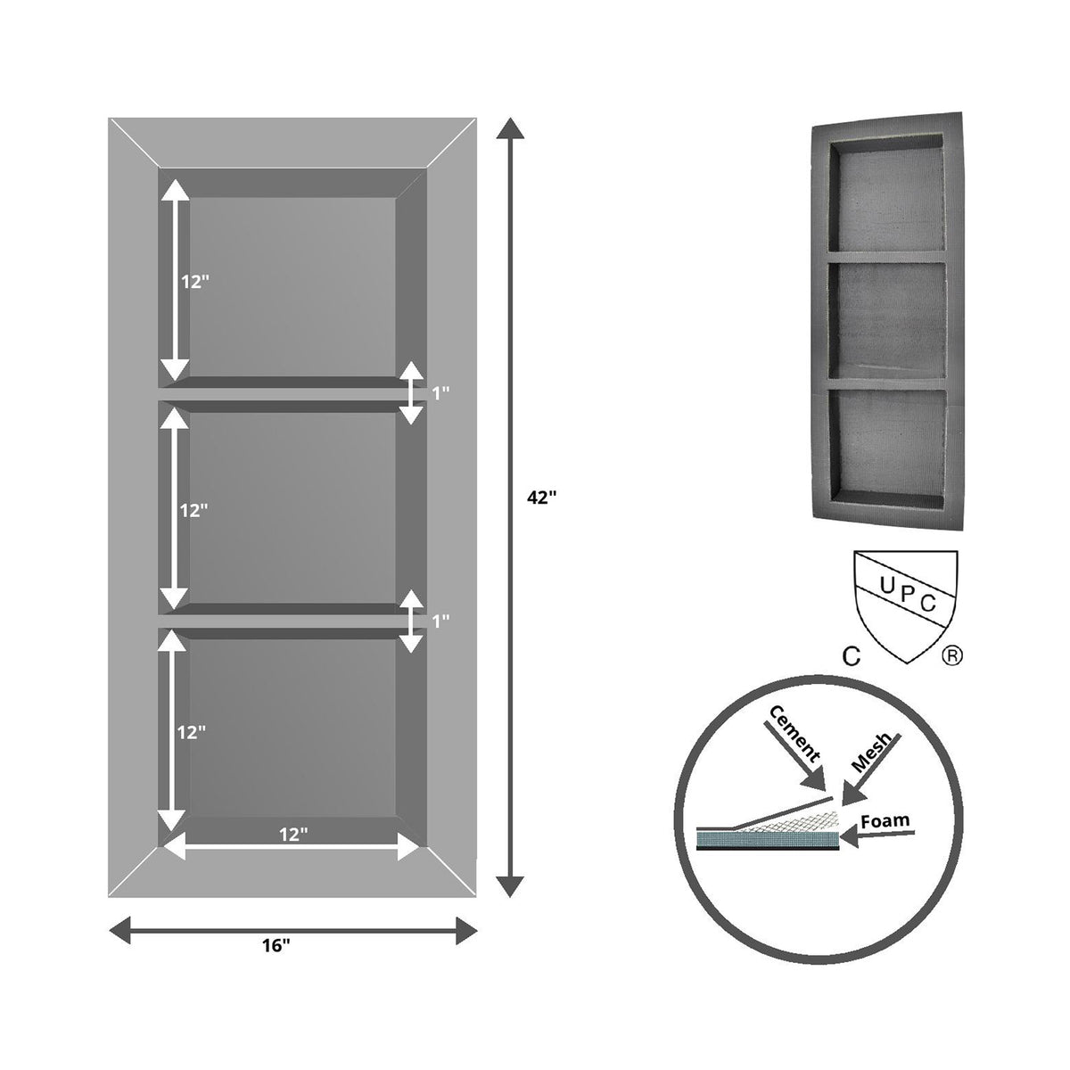 Multi-Compartment Shower Niches – Double & Triple Options (12X12X12, 12X16X8, 12X12X12X12)