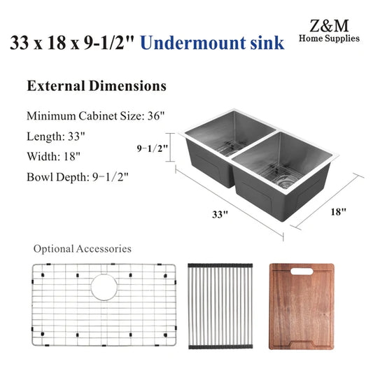 Z&M 32-Inch Handmade Undermount Double Bowl Kitchen Sink – UD3218D