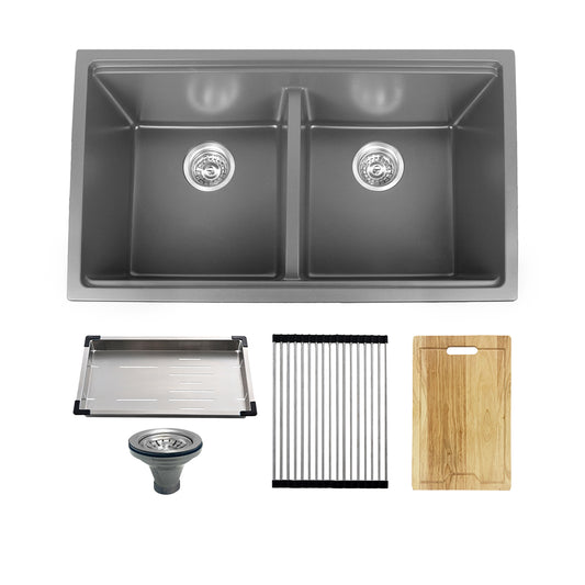32" Workstation Under Mount 50/50 Double Bowl Kitchen Sink with Strainer - UNG1515
